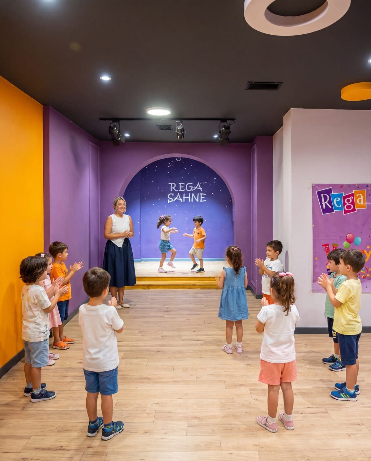Rega Sahne'de dans eden iki çocuk ve onları alkışlayan arkadaşları