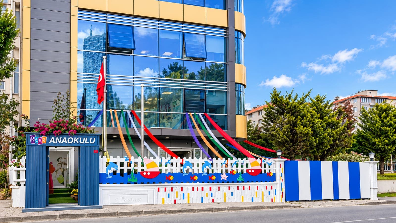 REGA Anaokulu binası ve renkli bahçe çiti